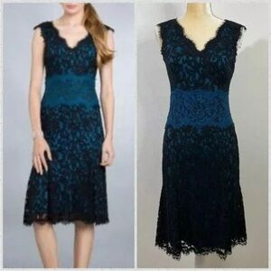 Tadashi Shoji Elegant Lace Dress in Black and Blue, US8